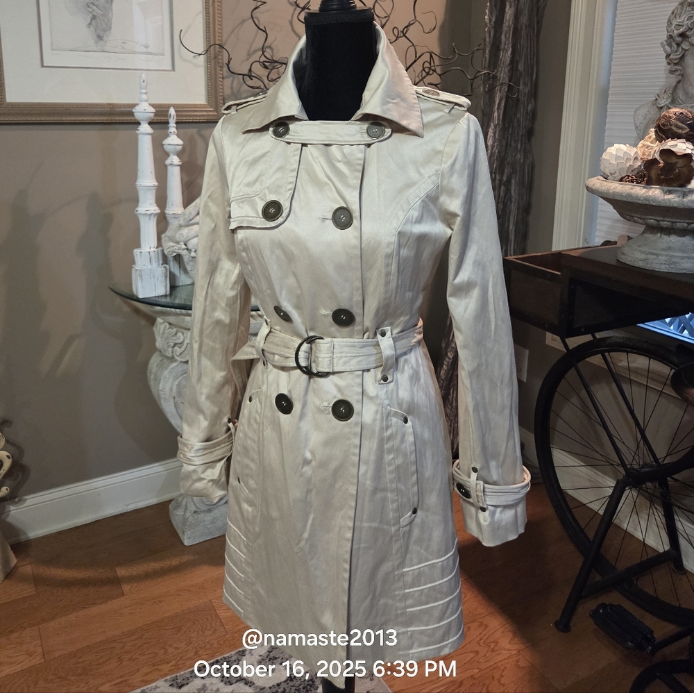 Bebe Silky Midi Trench Coat Cotton Poly Blend Designer Trendy Classic #109